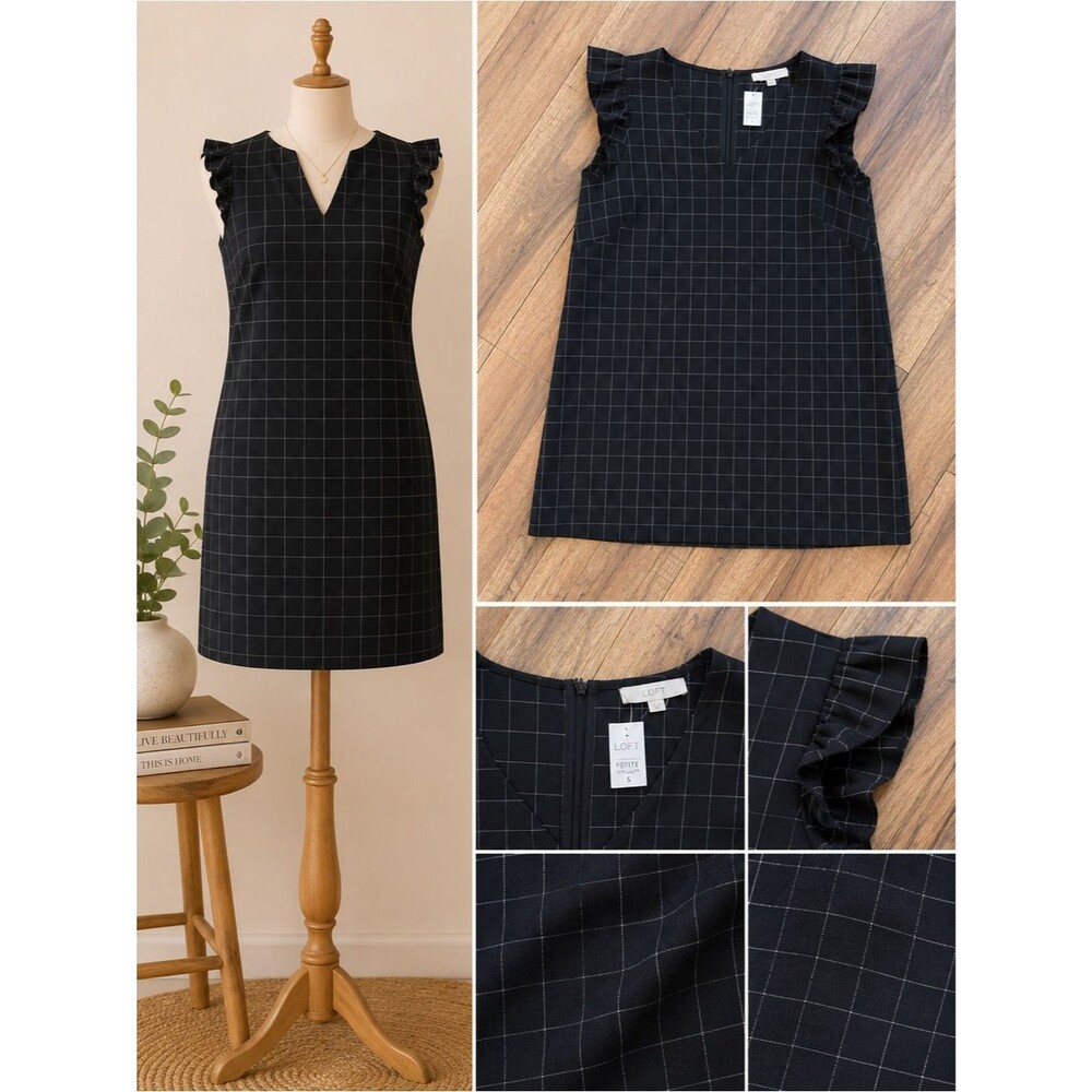 LOFT Black Windowpane Ruffle-Sleeve Shift Dress